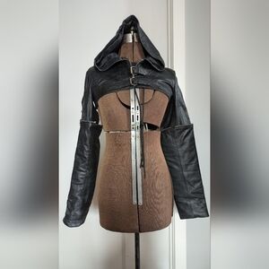 Leather hooded cropped jacket